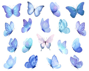 Butterfly collection. Watercolor illustration. Colorful Butterflies clipart set. Blue butterfly. Baby shower design elements. Party invitation, birthday celebration. Spring or summer decoration