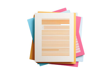 Stack of colorful documents on transparent background. highlighting organization and paperwork. Ideal for business, office, and administration themes.