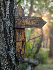 Wooden arrow sign mounted on a tree in a sunlit forest.