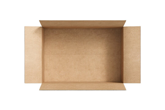 Top view of an open empty cardboard box with flaps, suitable for packaging, shipping, or storage purposes. Brown color and simple design.