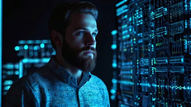 A man with a beard is looking at a wall of servers.