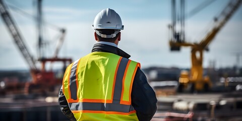 Enforcement of Safety Rules by High-Quality Vest-Wearing Construction Safety Officer near Cranes. Concept Construction Safety, High-Quality Vests, Safety Rules, Enforcement, Cranes
