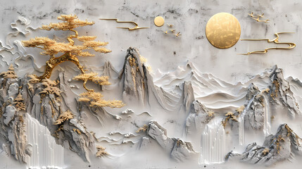 3d Bas-relief, Volumetric stucco molding on a concrete wall with golden elements, Japanese landscape, waterfall, mountains.