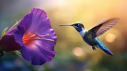 Fototapeta premium hummingbird hovering near a purple morning glory flower