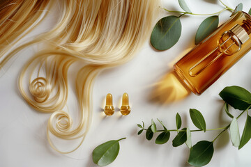 Obraz premium Golden Hair Growth Oil with Droplets on White Table, Blonde Straight Long Hair and Green Leaves, Bottle on Right Side - V_20240615090219863152