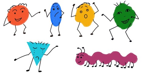 Funny characters, different emotions, colorful, hand drawn, happy, angry, ceparated elements, white background