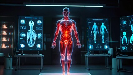 A digital rendering of a person's body surrounded by screens displaying various medical images. - Powered by Adobe
