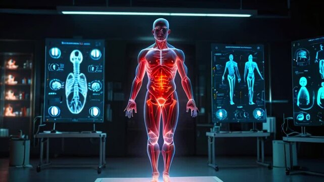 A digital rendering of a person's body surrounded by screens displaying various medical images.