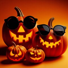 Two pumpkins with horns and sunglasses on them, one of which has a pair of goggles on it.