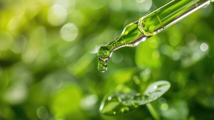 Close up macro photograph of green serum with dropper