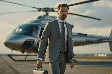 Confident businessman with briefcase walking away from luxury jet. Business travel transportation, aviation and luxury tourism concept. Commercial chopper. 
