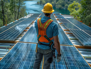 Solar Power Field with Engineer Ensuring Energy Efficiency