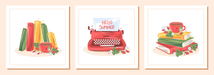 Books with flowers and strawberries on white background. Set of reading elements for  bookshop, library, bookstore or education. Vector illustration on white background