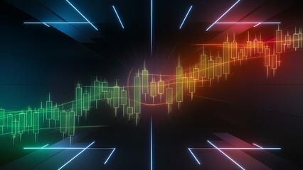 Obraz premium Futuristic digital financial graph and stock market trends data analysis concept with glowing neon candlesticks, interconnected lines light effects on a dark technological background. Blockchain