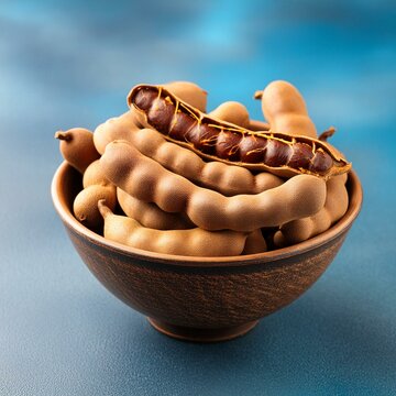 Fresh delicious ripe tamarind on blue background 