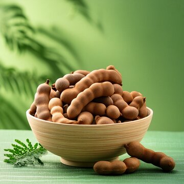 Fresh delicious ripe tamarind on green background