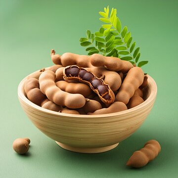 Fresh delicious ripe tamarind on green background