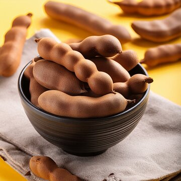 Fresh delicious ripe tamarind on yellow background