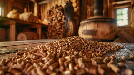 Wood pellets on a wooden floor inside a cozy, rustic cabin with a stove and firewood in the background.
