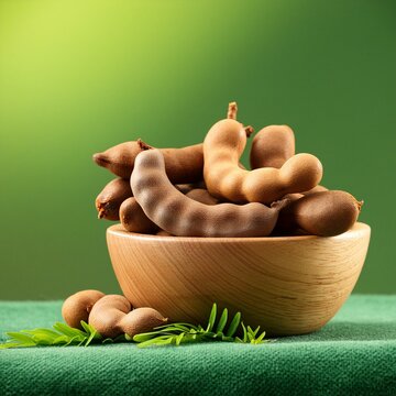 Fresh delicious ripe tamarind on green background