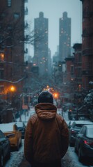 Fototapeta premium Man bundled in winter clothing in cityscape during snowfall