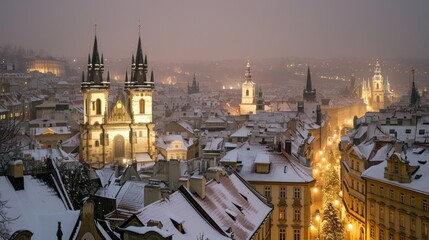 Obraz premium Beautiful historical buildings in winter with snow and fog in Prague city in Czech Republic in Europe.