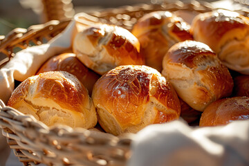 Golden Brioche Buns in a Warm Sunlit Basket - Morning Freshness  