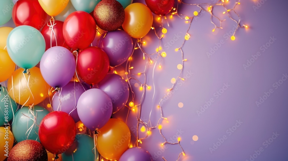 Wall mural Balloons over purple plain background with copy space decorated for holiday celebration party.