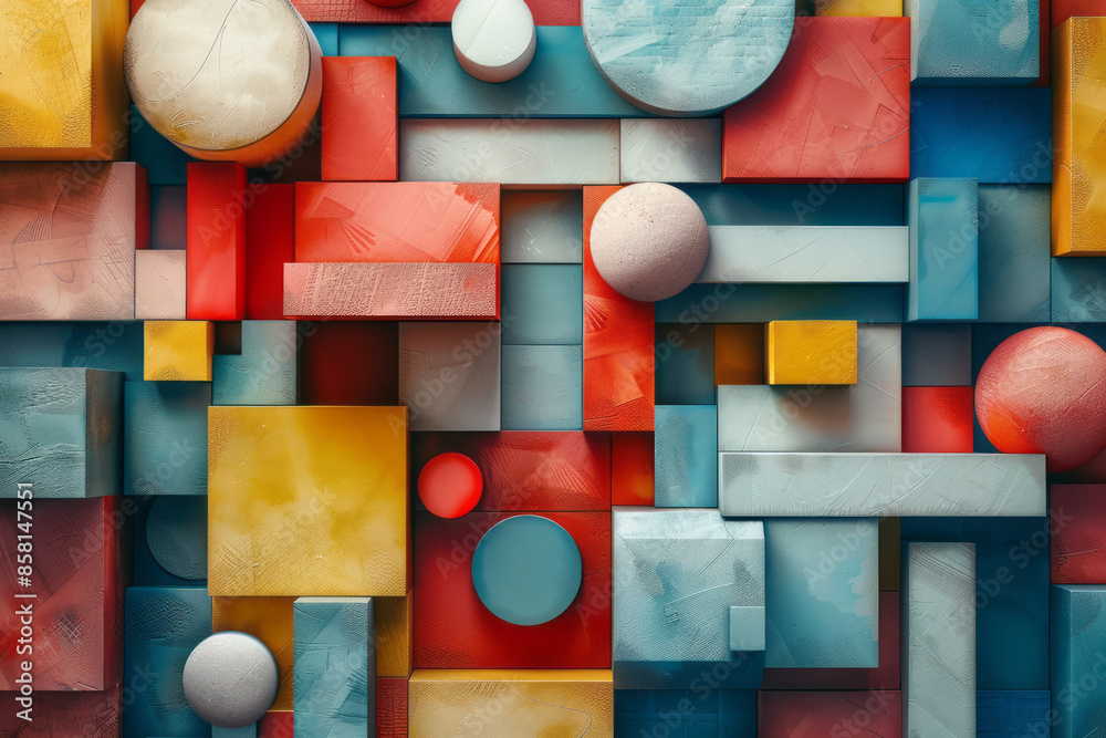 Poster 3d geometric shapes, including blocks, circles, and intersecting squares, in an abstract composition