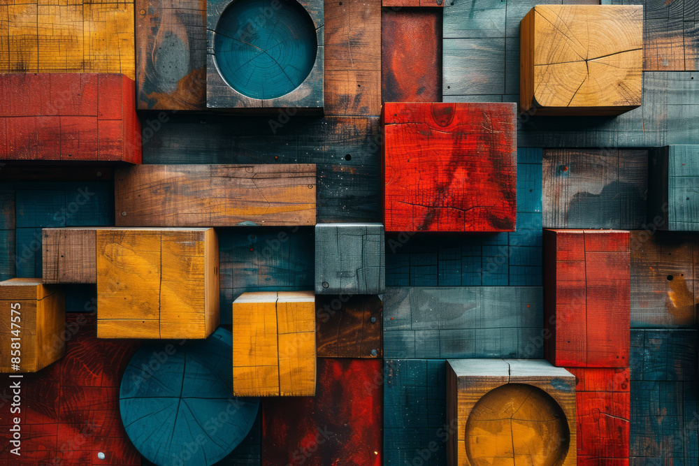 Aufkleber 3d geometric shapes, including blocks, circles, and intersecting squares, in an abstract composition