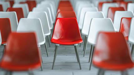 Naklejka premium Bold Red Chair Making a Statement in a Sea of White Chairs