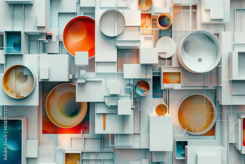Poster abstract geometric design with 3d blocks, circles, and squares crossing over each other,