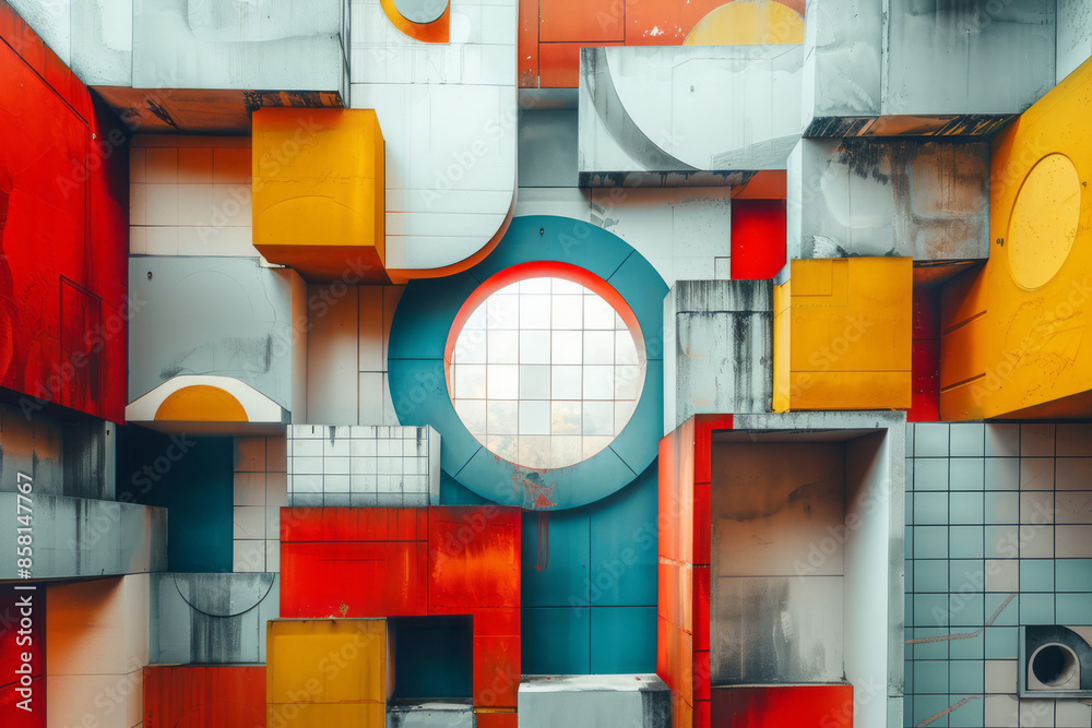 Poster abstract geometric design with 3d blocks, circles, and squares crossing over each other,