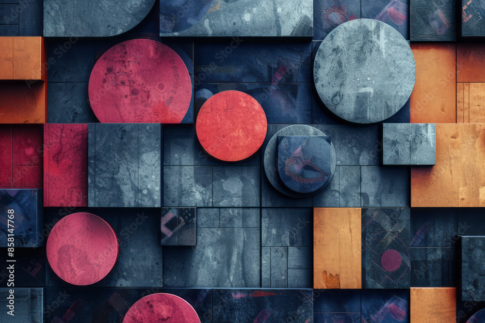 Aufkleber abstract geometric design with 3d blocks, circles, and squares crossing over each other,