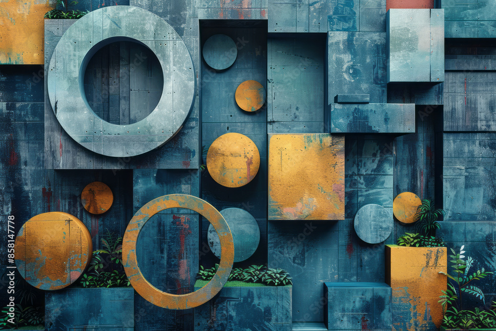 Aufkleber abstract geometric composition featuring 3d blocks, circles, and intersecting squares,