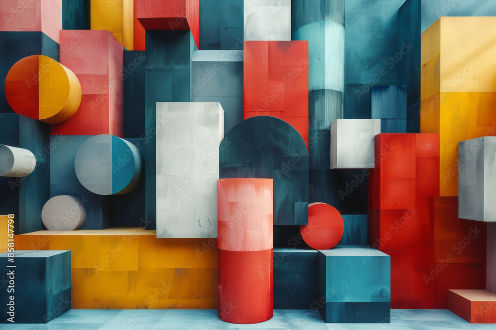 Aufkleber abstract geometric composition featuring 3d blocks, circles, and intersecting squares,