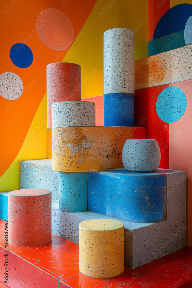 Poster Abstract art piece with three-dimensional blocks, intersecting circles, and squares,