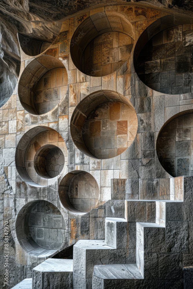 Fototapete abstract art piece with three-dimensional blocks, intersecting circles, and squares,