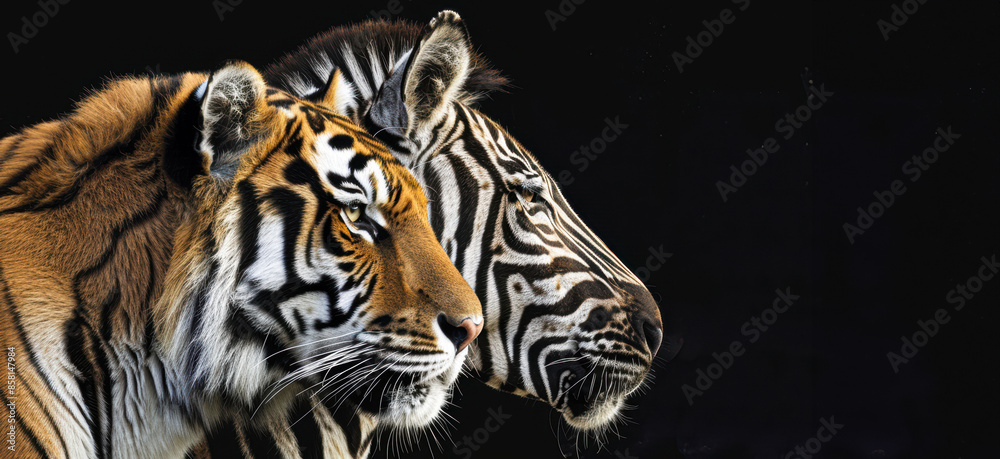 Wall mural Majestic Bengal Tiger Standing Beside Striped Zebra in the Wild Nature - Wall murals
