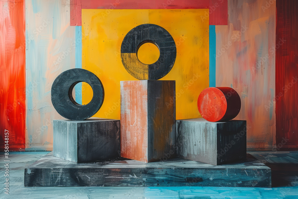 Poster three-dimensional geometric shapes, including blocks, circles, and squares, in an abstract compositi