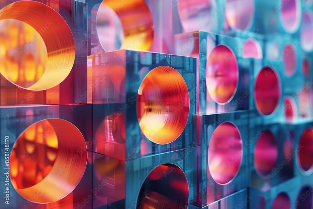 Poster Abstract composition with intersecting circles, squares, and 3D blocks,