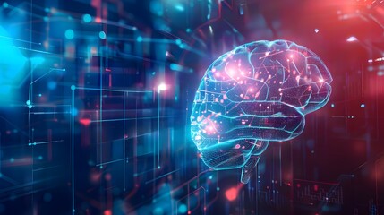 Fototapeta premium Depicts a human brain on a technology background, symbolizing artificial intelligence and concepts related to cyberspace.