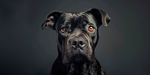 Obraz premium A black dog with brown eyes stares at the camera
