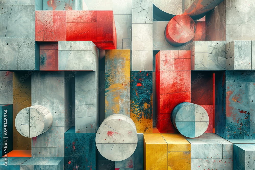 Poster Intersecting geometric shapes in 3D, including blocks, circles, and squares, in an abstract composition,