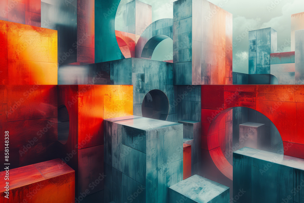 Aufkleber intersecting geometric shapes in 3d, including blocks, circles, and squares, in an abstract composit