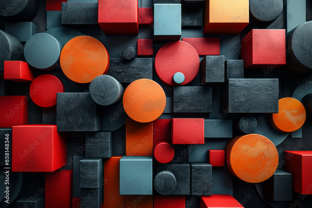Poster Intersecting geometric shapes in 3D, including blocks, circles, and squares, in an abstract composition,
