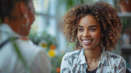A smiling woman with curly hair talking with another person in a casual setting, captured in a bright and lively environment filled with plants and a friendly atmosphere.