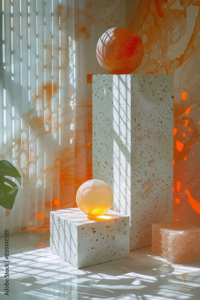 Poster abstract composition with geometric shapes, including 3d blocks, circles, and squares,