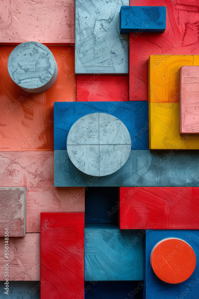 Poster abstract composition with geometric shapes, including 3d blocks, circles, and squares,