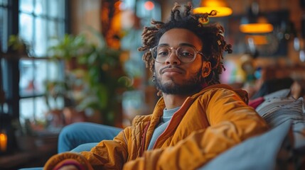 Obraz premium A man wearing glasses and dreadlocks sits relaxed in a cozy and stylish setting, exuding a sense of calm confidence and a laid-back attitude.